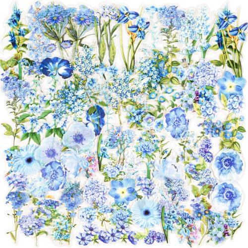 100-Stücke Blau Blumen-Aufkleber, Natürlich Blumen und Pflanzen Transparente Dekorative Aufkleber, Junk Magazin Scrapbook Aufkleber, DIY Handwerk, Fotoalben, Planer, Kalender und Notizbücher