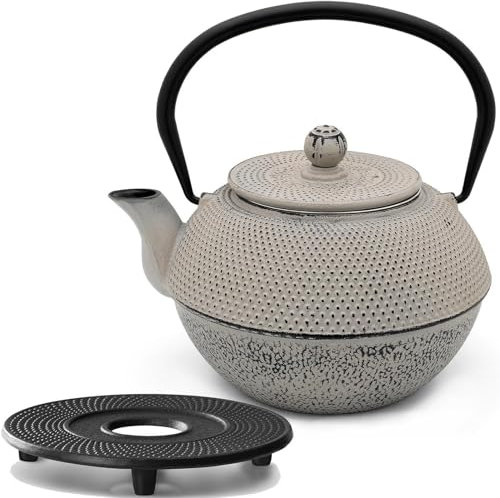 Asia Teekanne Gusseisen Set 1.1 Liter - grauer Teekessel & Edelstahl-Filter-Einsatz für losen Tee & Untersetzer