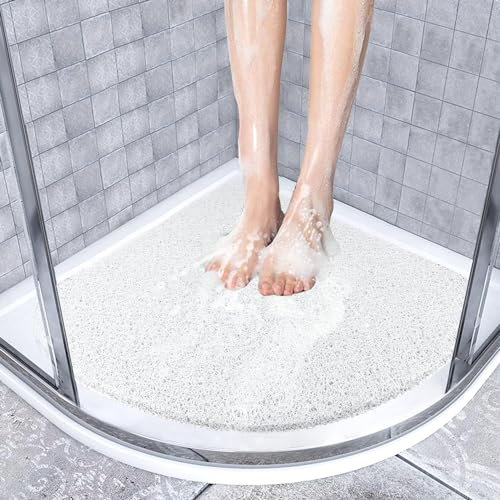 ZOKBOM Tappetino da doccia angolare antiscivolo, 80 x 80 cm, grande tappetino da bagno in Luffa per doccia d'angolo, triangolare tappeto da bagno curvo per anziani (bianco)