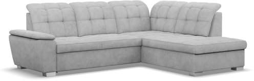 Mebligo Ecksofa Baron Medium-Version mit Schlaffunktion, 255x200x105 cm, 7-stufige Kopfstützenverstellung, Wellenfederpolsterung (Hellgrau, Rechts)