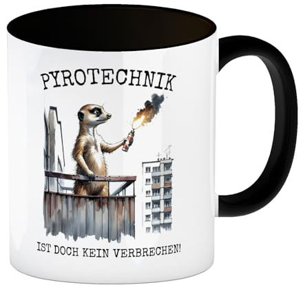 Balkon-Ultra Erdmännchen mit Pyrofackel Kaffeebecher in schwarz mit Spruch Pyrotechnik ist doch kein Verbrechen Balkon-Ultra Internet-Hype Fußball Pyros Fans Ultras