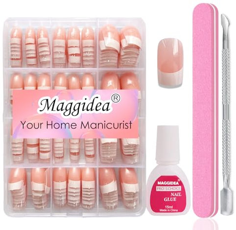 Maggidea French Tip Press-On Nails Kit, 240Pcs Short Square False Nails, Nude Glossy Full Cover Fake Nails | Reusable Manicure Set with Nail Art Designs for Women Girls