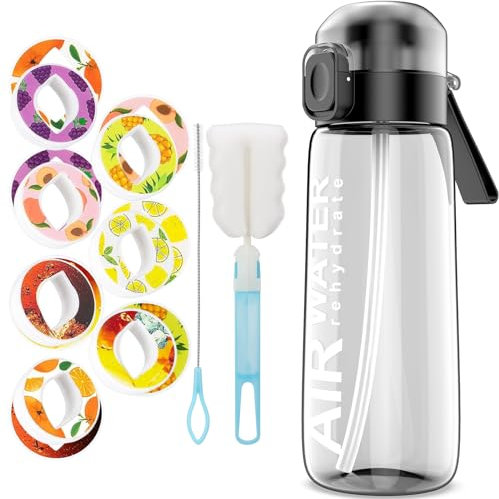SuperUvistare Air Gourde 750 ml Sport Air Gourde avec 7 Capsules de Saveur Parfum de Fruits Bouteille Sans BPA 0 Sucres 0 Calories Fitness et Outdoor Gris