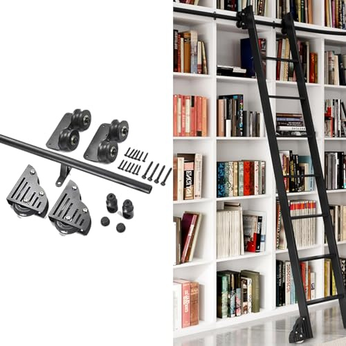 MARXAN Kit de herrajes para Puerta corredera de Granero Librería Escalera rodante (sin Escalera), Riel de Escalera móvil de Tubo Redondo Negro con Ruedas de Rodillo para Suelo(600cm Kit de Pista)