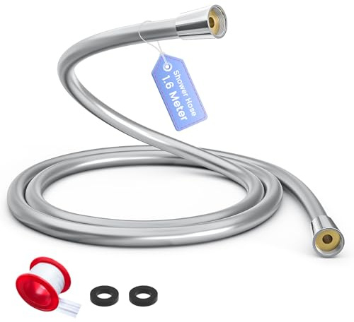 PWERAN PVC Smooth Shower Hose 1.6m, Leakproof Universal Standard G1/2 | Anti-Explosion, Anti-Twist, Leakproof, Rustproof, Flexible, Brass Connectors and Washers for Bath Taps Replacement