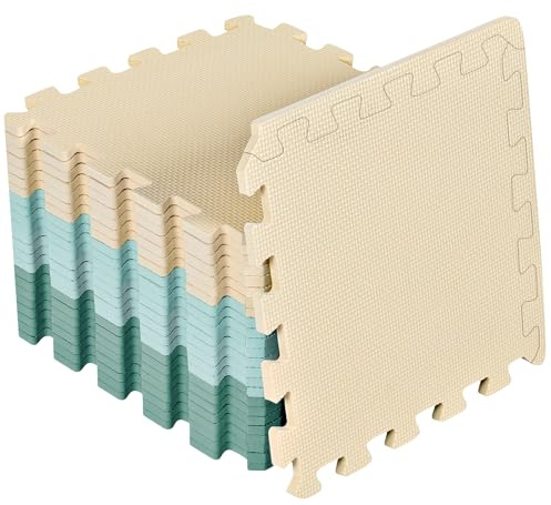 Bodenschutzmatte Fitness Set [31x31cm] - 24pc - Eva Sportmatte Fitnessmatte rutschfest, Bodenmatte für Fitnessraum&Fitnessgerät, Fallschutzmatten Outdoor&Pool Unterlegmatte (Beige&Mintgrün&Dunkelgrün)