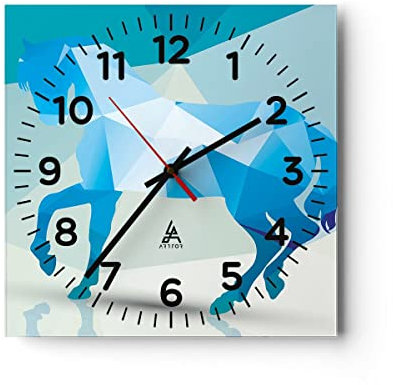 Modern Wanduhr Pferd Illustration modern Grafik 30x30cm Quadrat Klein Wand Uhr Glas Analog Zimmeruhren Küche Büro Wohnzimmer Glasuhr Wall Clock Dekoration Design Küchenuhr C4AC30x30-2814