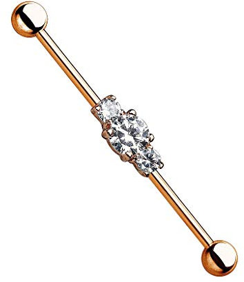 Piercingfaktor Piercing Hantel Universal Barbell Industrial Ohr Cartilage Helix Tragus Intim Brust Nippel Stab 3 Kristalle Rosegold 1,6mm