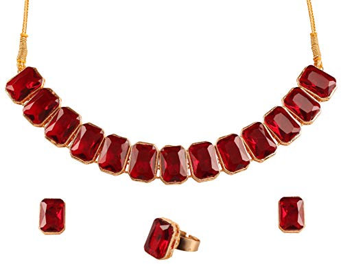 Touchstone Magnifiquement créé art moderne forme rectangulaire faux rubis élégant style designer bijoux collier tour de cou serti de bague pour femme Rouge
