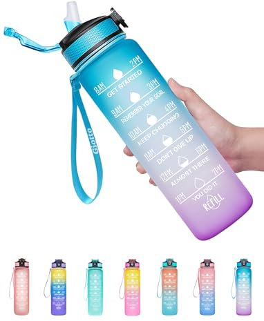 Giotto 32oz Large Leakproof BPA Free Drinking Water Bottle with Time Marker and Straw to Ensure You Drink Enough Water Throughout The Day for Fitness and Outdoor Enthusiasts