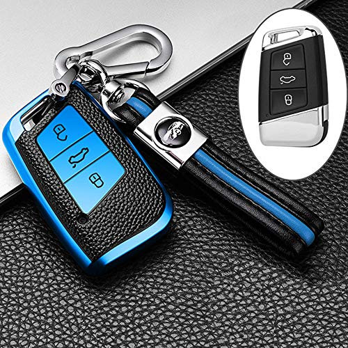 ontto Autoschlüssel Hülle Cover für VW Magotan Passat B8 CC Golf 7 Tiguan MK2 Jetta Skoda Superb A7 Kodiaq TPU Leder Schlüsselhülle mit Schlüsselanhänger Schlüssel Schutz Etui Fernbedienung-Blau