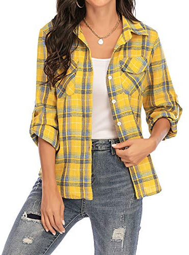 Enjoyoself Chemisier Carreaux Femme 100% Coton Chemise Bucheron Western Décontractée Classique Retro Ecossaise Coton Flanelle Blouse Gilet T Shirt Casual Vintage,Jaune,XL