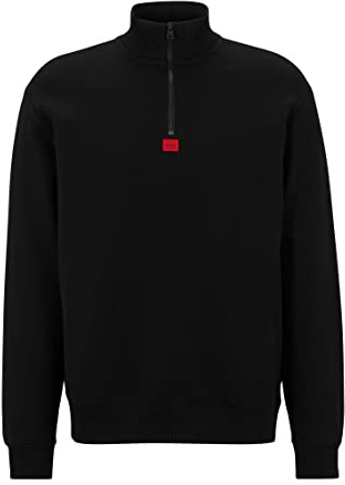 HUGO Mens Durty Cotton-terry zip-neck sweatshirt with red logo label
