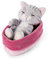 NICI Kuscheltier Sleeping Kitties Katze 12cm, grau, im pink-lilanen Körbchen