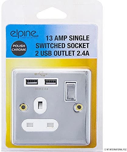 NEW CHROME POLISH SINGLE SWITCHED SOCKET 2 USB OUTLETS HOME WITH FIXING SCREWS