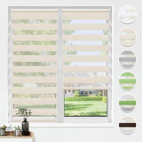 HOMEDEMO Tende a rullo per interni Doppio Strato Senza Foratura, 55L x 230A cm, (Tessuto 55cm), Naturale, tenda a rullo oscurante, veneziane da interno Giorno e Notte, per Porte e Finestre