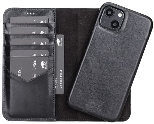 Solo Pelle Lederhülle kompatibel für iPhone 13 in 6.1 Zoll abnehmbare Hülle (2in1) inkl. Kartenfächer für das original Apple iPhone 13 (Vollleder Schwarz)