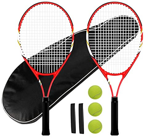 Tennisschläger für 2 Spieler, Freizeitanfänger, vorbespannt, 68 cm, leicht, Erwachsenen-Schläger-Set für Damen und Herren, mit Tennisbällen, Overgrips und Tragetasche (rot-T216)