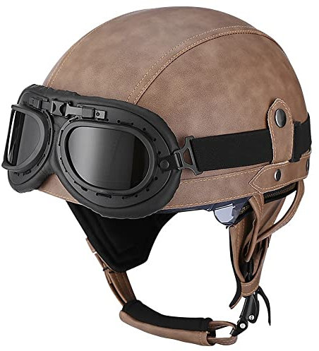 Deutsche Leder Motorrad Halbhelme mit ECE, Vintage Helme mit Schutzbrille, Jethelm Retro, Chopper Helm, Scooter-Helm, Offenem Helm, mit Sonnenblende und Herausnehmbares Innenfutter