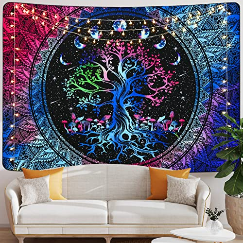 NatuBeau Arazzo mandala, motivo albero della vita, fasi lunari, arazzo hippie da appendere alla parete per camera da letto, arazzo estetico bohémien (150 x 210 cm)