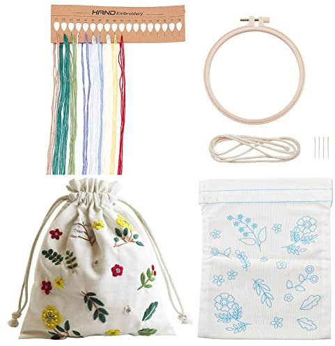WADORN Stickpackung Für Weiße Segeltuchtaschen Zum Selbermachen, Personalisierte Leinentasche Mit Kordelzug, Kreuzstich-Set Mit Muster Und Anleitung DIY-Stickerei Basteltasche, Starter-Set Für Frauen
