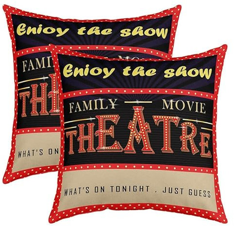 Feelyou Wende-Kissenbezüge mit Theater-Thema, Vintage-Kino, Kino, quadratisch, 2er-Set, für Bett, Sofa, Couch, Ganzjahres-Kino-Kissenbezüge, Heimdekoration, 45,7 x 45,7 cm
