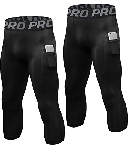 LNFINTDO 2er-Pack Herren 3/4 Kompressionshose Sport Legging mit Taschen | Schnelltrocknende Lauftights,Männer Sportleggings,Atmungsaktiv Radler Tights,Ideal für Laufsport Fitness Gym Joggen Training