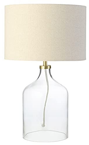Contemporary Elegant Table Lamp with Clear Glass Base and Oatmeal Linen Fabric Shade | 1 x E14 60w Maximum | 44cm Height | Brushed Brass Trim by Happy Homewares