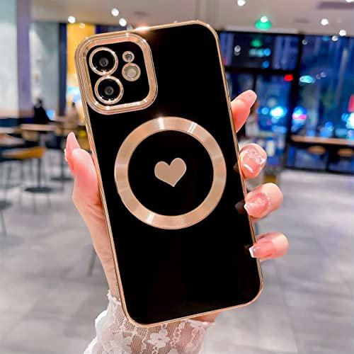 UEEBAI Wireless Charging Magnetic Phone Case For iPhone 11, Built-in Compatible with MagSafing Faster Charging Slim Fit Heart Pattern Soft TPU Microfiber Cover - Heart Black