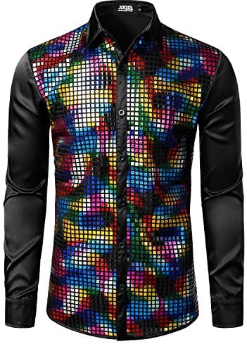 JOGAL Herren Pailletten Hemd 70er Langarm Disco Party Kostüm Mehrfarbig Klein