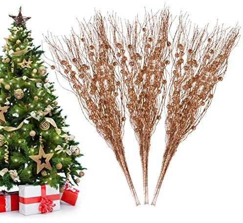 Losris Künstliche Glitzer-Beerenstiel-Dekorationen, dekorative Perlenstäbe, Weihnachts-Picks, glitzernde Zweige für Weihnachtsbaum, Kranz, Geschenk, Vase, Dekoration, Party-Ornamente, Roségold, 24