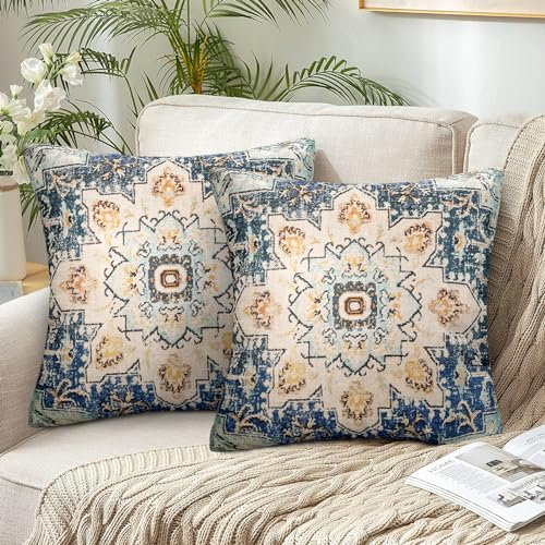 2er Set Leinen Kissenbezüge Dekokissen 45 x 45 Boho Kissenbezug Böhmischer Retro Ethno Dekorative Kissenhülle Zierkissenbezüge für Sofa Schlafzimmer Wohnzimmer Zuhause Herbst Dekoration