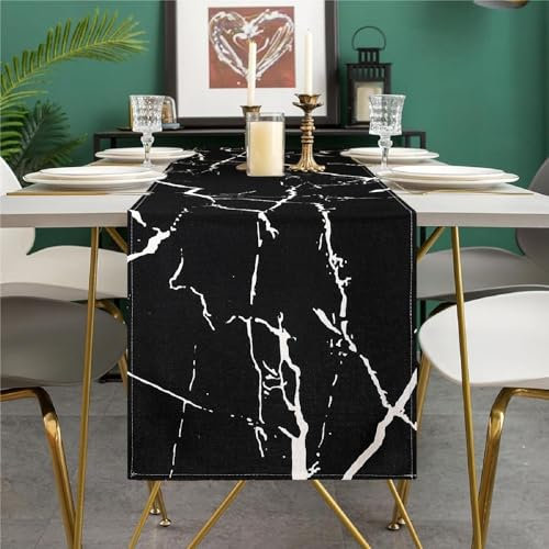 Tischläufer Frühling Modern Tischläufer Schwarzer Marmor Graue Textur Tischmatten Rustikales Bauernhaus Abstrakt Couchtisch Esszimmer Dekorativ für Hochzeit Urlaub Küche Party 40x140cm