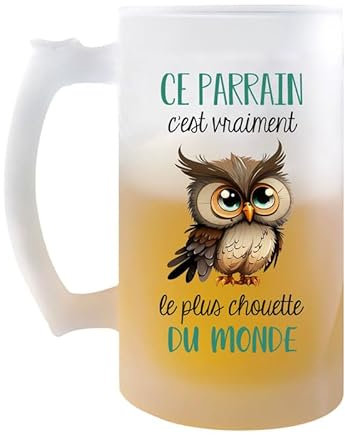 Planetee Chope Ce Parrain Le plus Chouette | Verre à bière Pinte Famille Prénom Cadeau Anniversaire Noël Humour