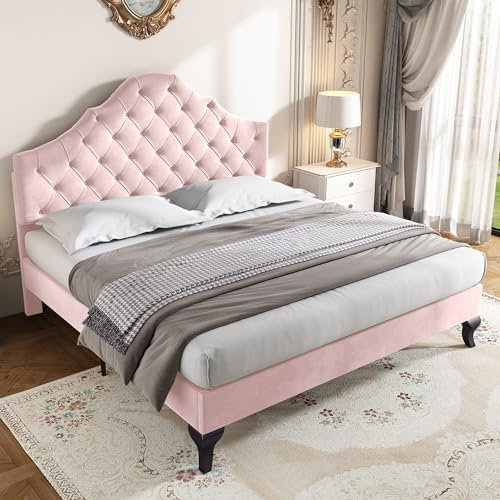 HYUB Polsterbett 140x200cm, Bett mit Lattenrost, Doppelbett mit Rückenlehne & Höhenverstellbares Kopfteil, Hautfreundliche Flanellstoff, für Erwachsene & Jugendliche, Ohne Matratze, Rosa