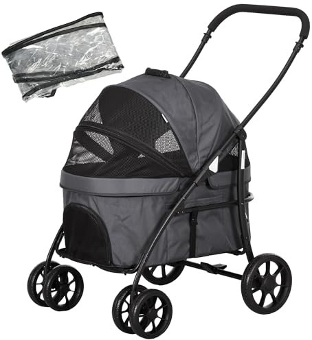 PawHut 2 in 1 Hundebuggy Haustierwagen mit Regenschutz, Klappbarer Katzenwagen mit 2 Sicherheitsleinen, für kleine Hunde und Katzen, Oxford, Dunkelgrau