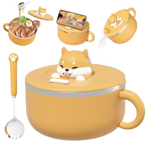 NIDONE Bol de Nouilles instantanées avec poignées 1200 ML Bol de Ramen instantanés avec Couvercle et cuillère à Micro-Ondes Portables coccopier pour Soupe, Nouilles, boulettes, salades | salades Bols