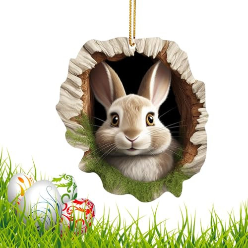 3,14'' Osterhasen-Ornament, Flacher 2D-Acryl-Anhänger für Ostern, Kreativer Visueller 3D-Effekt, Niedliche Cartoon-Hasen-Hängedekoration mit Umhängeband, Ostern-Heimdekoration, Ostergeschenke