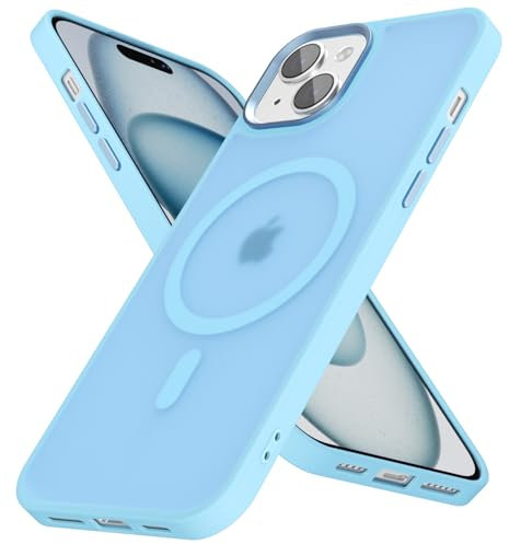 oakxco Magnetic Case for iPhone 14 Plus 15 Plus Phone Case Compatible with Magsafe, Slim Thin Clear Hard Shell Plastic & Silicone Rubber Bumper, Cute Mag Safe Cover for Women Girls, Light Blue