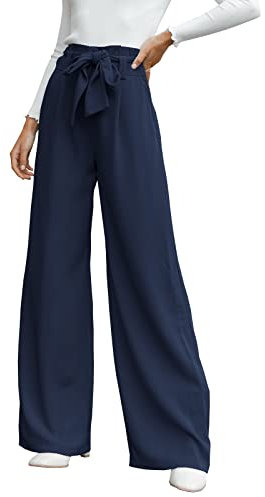 Cicy Bell Damen Weite Bein, Stoffhose Damen Hohe Taille Palazzo Hose, Leicht, Lockere Freizeithosen, Hose Krawatte Knoten Taschen-Elegant Casual Weite Hose,Hosen-Dunkelblau, S