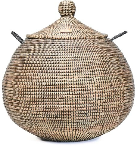 YAADU Geflochtener Korb Mit Deckel - Aufbewahrungkorb, Afrikanischer Wäschekorb, Aufbewahrungsbox für Decken & Spielzeug, Dekokorb (Schwarz)
