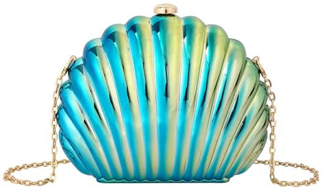 MilyaDE Acryl Muschel Clutch Damen Mini Glänzend Handtasche Geldbörse Schultertasche Umhängetasche mit Ketten, Türkis