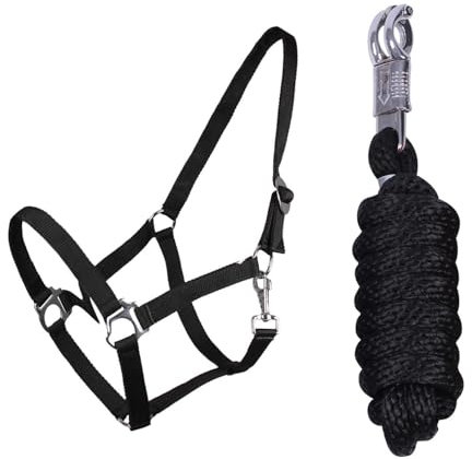 ARBO-INOX Halfter-Set Beginner II Halfter + Führstrick mit Panikhaken verstellbar (Full WARMBLUT, SCHWARZ)