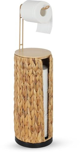 Distributeur de Papier Toilette Autonome Rangement avec Étagère, Porte-Papier de Salle de Bains Debout, Rangement de Papier Toilette en Rotin Boho, Support de Papier Toilette en Jacinthe d'eau