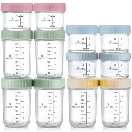 ACEPRUT 12 Stück Glas Babybrei Einfrieren Behälter, Beikost Baby Zubehör, Babynahrung Aufbewahrung, Auslaufsicher, BPA-frei, Mikrowelle, Geschirrspüler & Gefrierschrank sicher