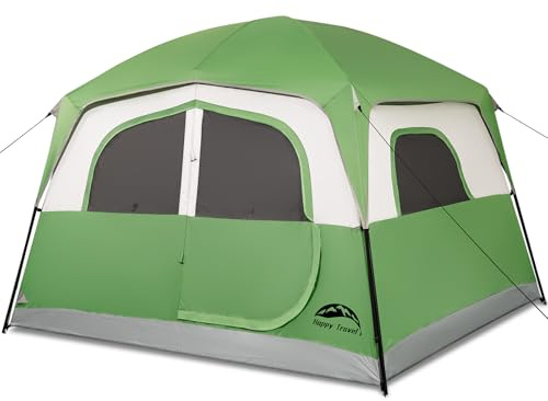 Happy Travel Zelt 6 Personen Zelte für Camping, Wasserdicht Einfach aufzubauen Campingzelt mit Regenfliege, Tragbares großes Familien-Kabinenzelt mit 5 großen Netzfenstern und Tragetasche für Outdoor