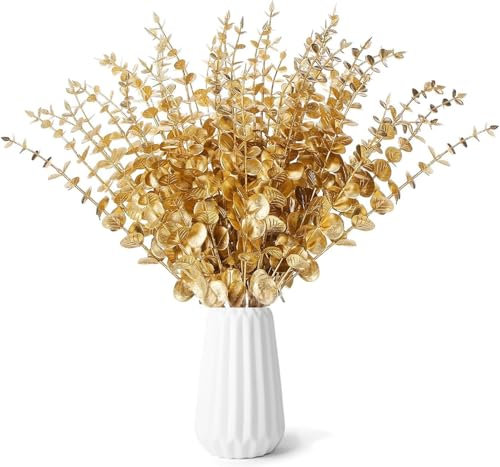 24 Stück Künstliche Eukalyptus Zweig Gold Eucalyptus Deko Eukalyptusblätter Benutzt für Weihnachts Dekorative Eukalyptusstiel Kunstpflanzen für Hochzeit Party Zuhause Garten Tisch Blumen, Gold