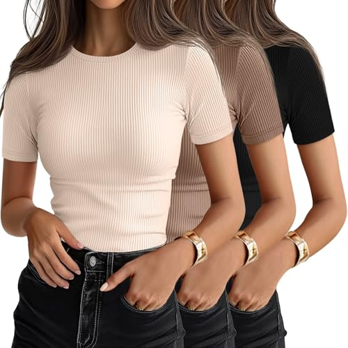 Ficerd 3 Pack Women's Ribbed Short Sleeve T-Shirts,X-Large,Black, Brown, Beige