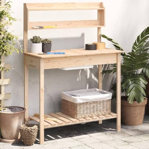 Homgoday Pflanztisch mit Waschbecken 147,5x44x139,5 cm Massivholz Tanne Gartentisch Gärtnertisch Holzpflanztisch Pflanzentisch Gartenarbeitstisch Pflanz-Arbeitstisch für Garten