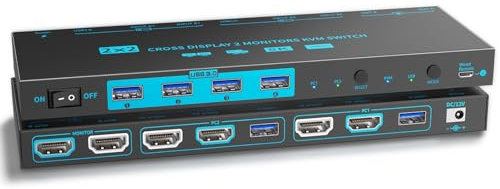 Dual-Modus KVM Switch 2 PC 2 Monitore 8K Dual Monitor HDMI 2.1 Cross Display 2 In 2 Out USB 3.0 KVM-Switches 8K@60Hz/4K@120Hz, mit 2 HDMI-Kabeln & 2 USB 3.0-Kabeln & kabelgebundener